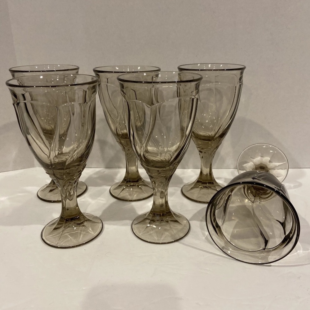 Set of 6 VTG Noritake Sweet Swirl Tawny Brown/Amber/Sepia/Smoke Wine Glasses MCM